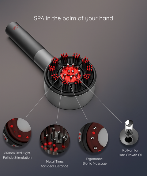 Hair growth scalp massager device with red lights and text 'SPA in the palm of your hand' on a gray background.